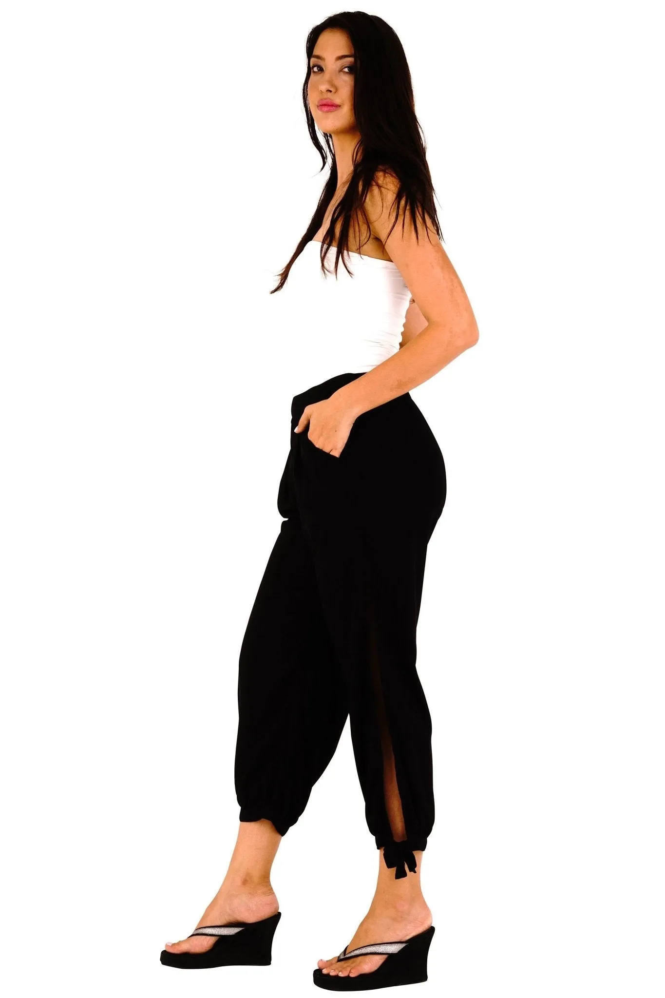 SHU-SHI Women's Boho Harem Cropped Trousers with High Side Slits - Summer Pants