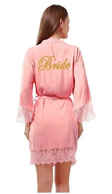 Soft Cotton Bridal Robes With long Lace Trim with Gold "Bride"