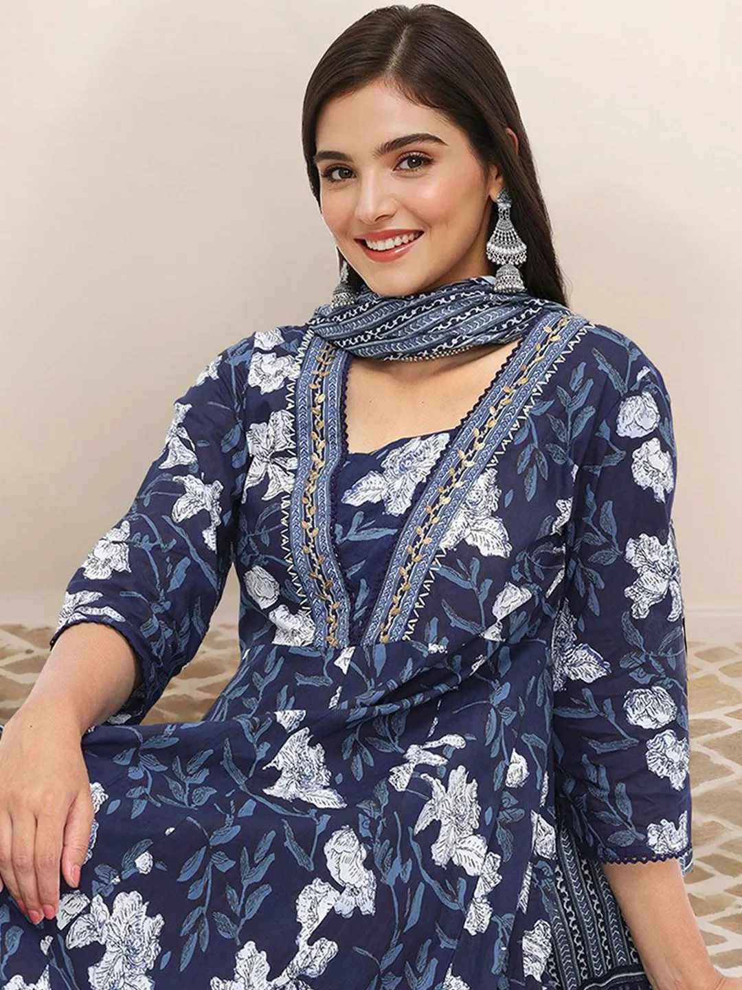 Soft Cotton Navy Blue Printed A-Line Kurta Set with Straight Bottom and Flowy Printed Cotton Dupatta