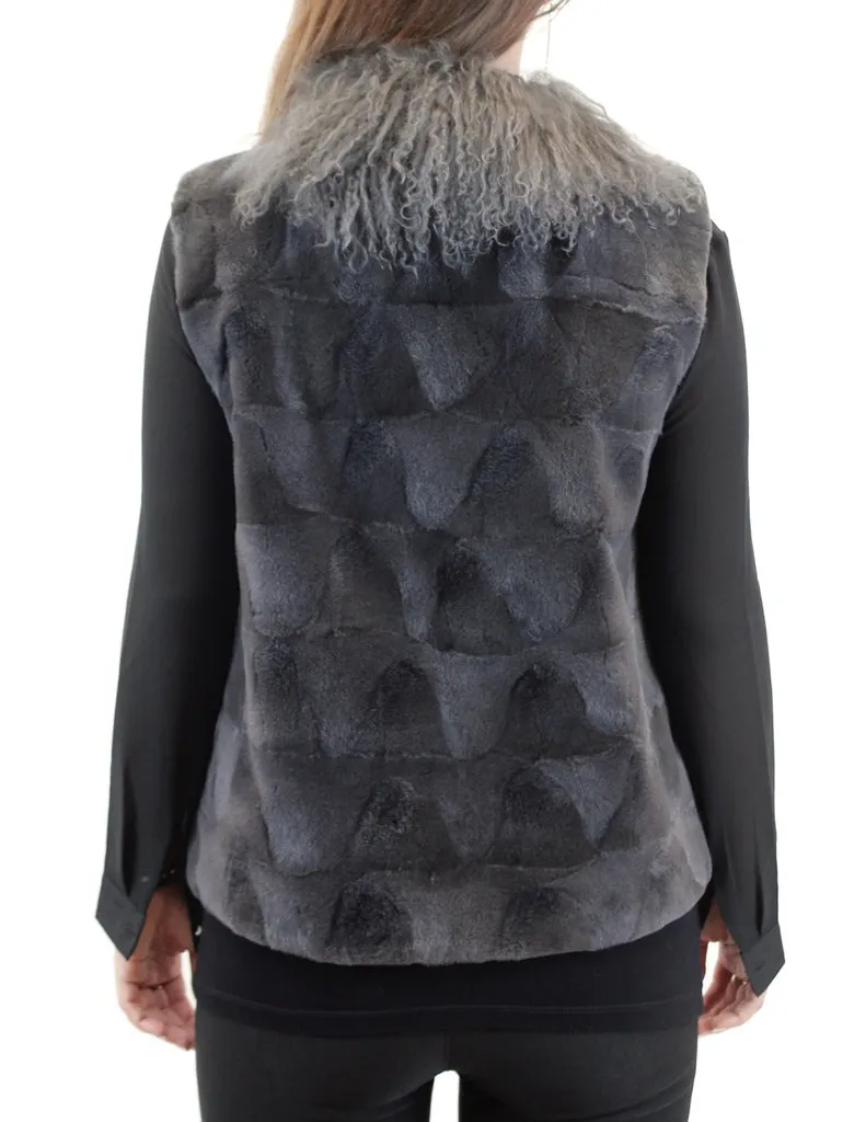 STEEL GRAY TEXTURED SHEARED MINK FUR SESCTIONS VEST WITH MONGOLIAN LAMB COLLAR