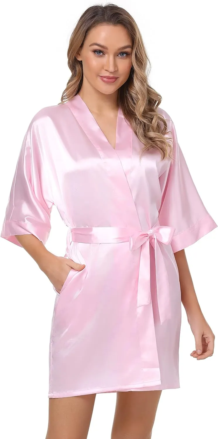 The Bund Women's Satin Robes Bride Bridesmaid Lace Short Silk Wedding Party Lightweight Bathrobe Soft Sleepwear S-XXXL