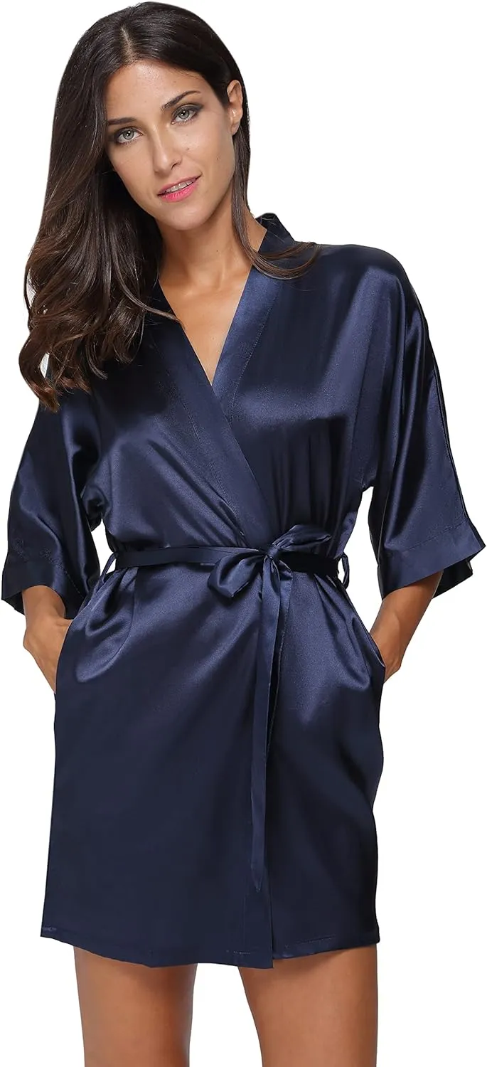 The Bund Women's Satin Robes Bride Bridesmaid Lace Short Silk Wedding Party Lightweight Bathrobe Soft Sleepwear S-XXXL