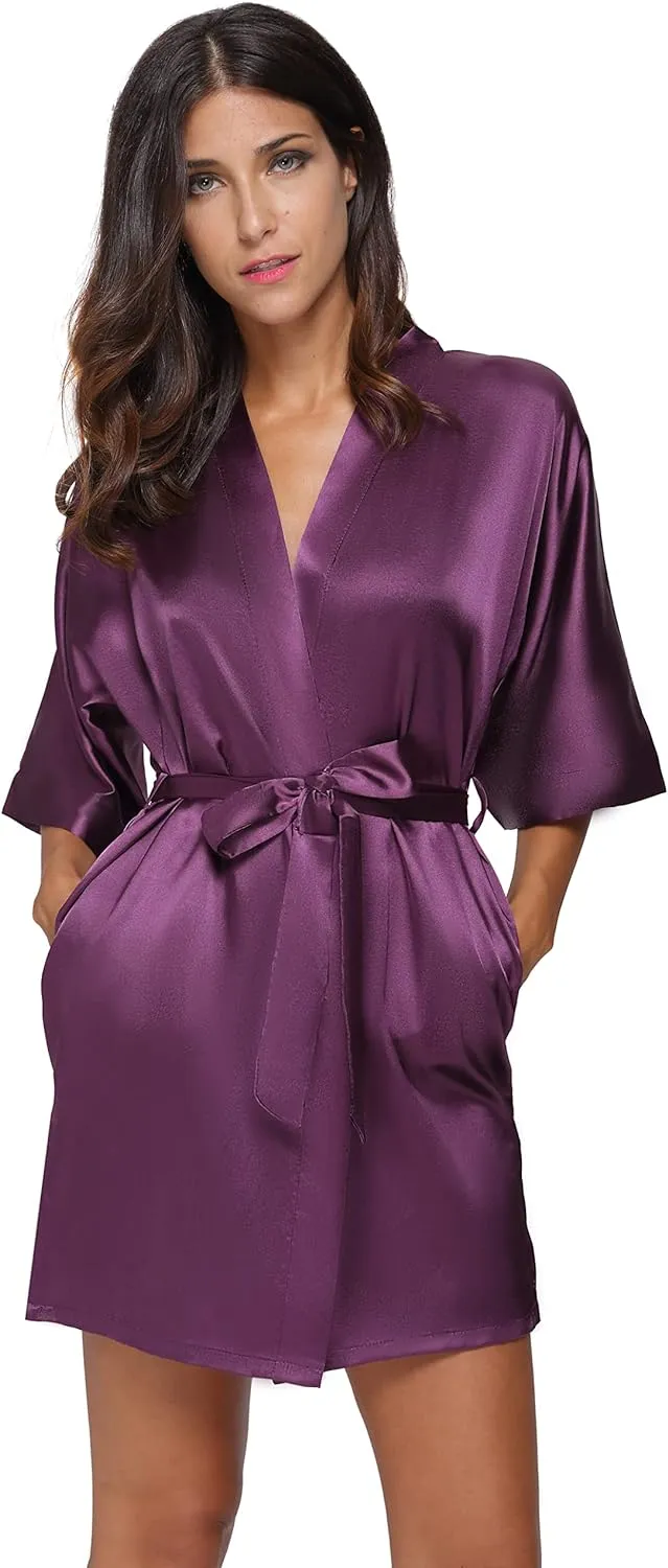 The Bund Women's Satin Robes Bride Bridesmaid Lace Short Silk Wedding Party Lightweight Bathrobe Soft Sleepwear S-XXXL