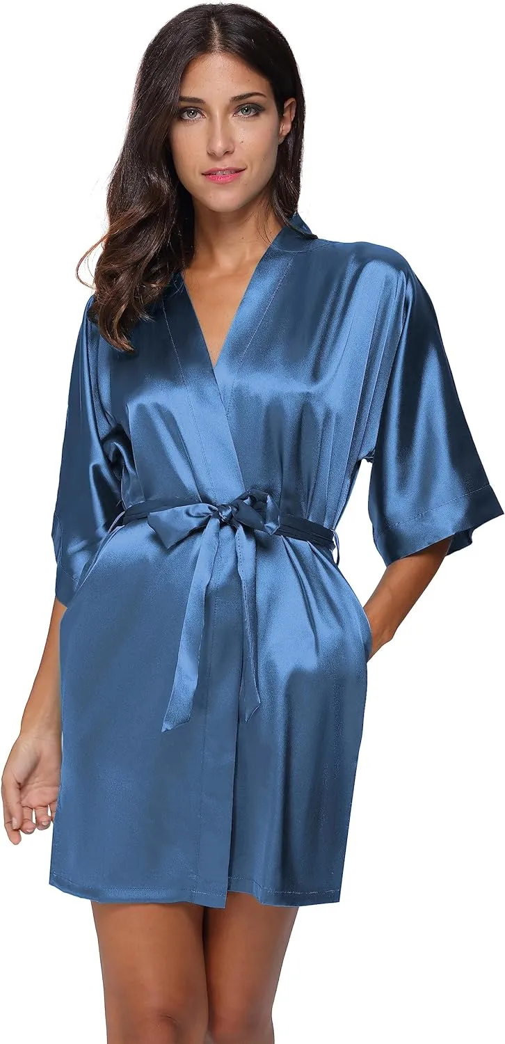 The Bund Women's Satin Robes Bride Bridesmaid Lace Short Silk Wedding Party Lightweight Bathrobe Soft Sleepwear S-XXXL