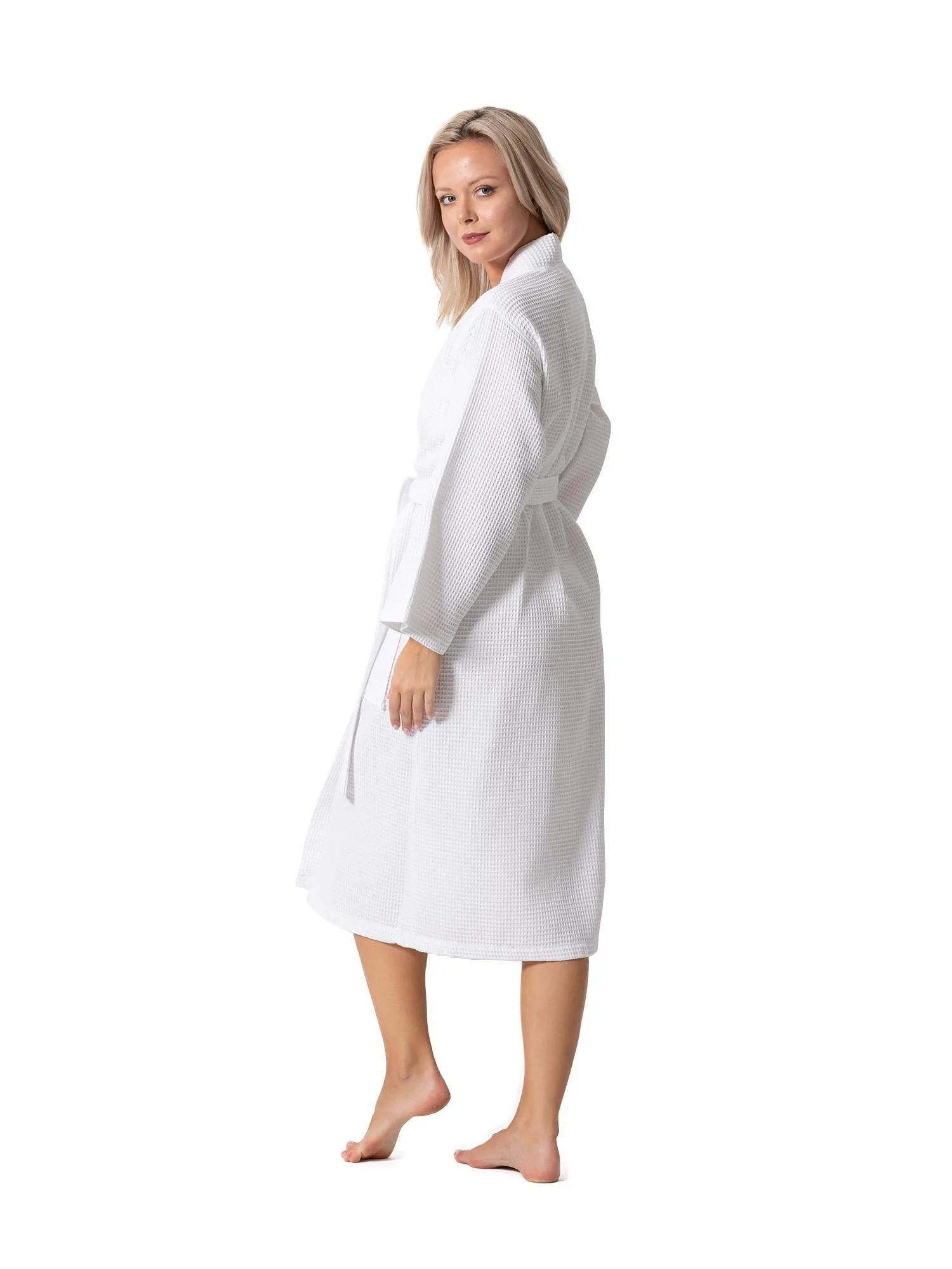 Turkish Linen Waffle Knit Lightweight Kimono Spa & Bath Robes for Women - Quick Dry - Soft (White, Large)