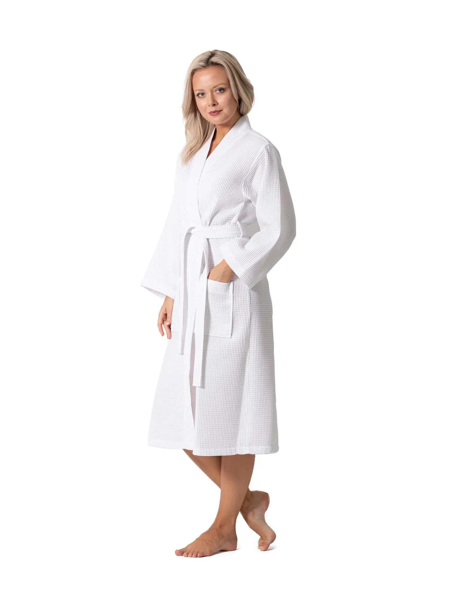 Turkish Linen Waffle Knit Lightweight Kimono Spa & Bath Robes for Women - Quick Dry - Soft (White, Large)