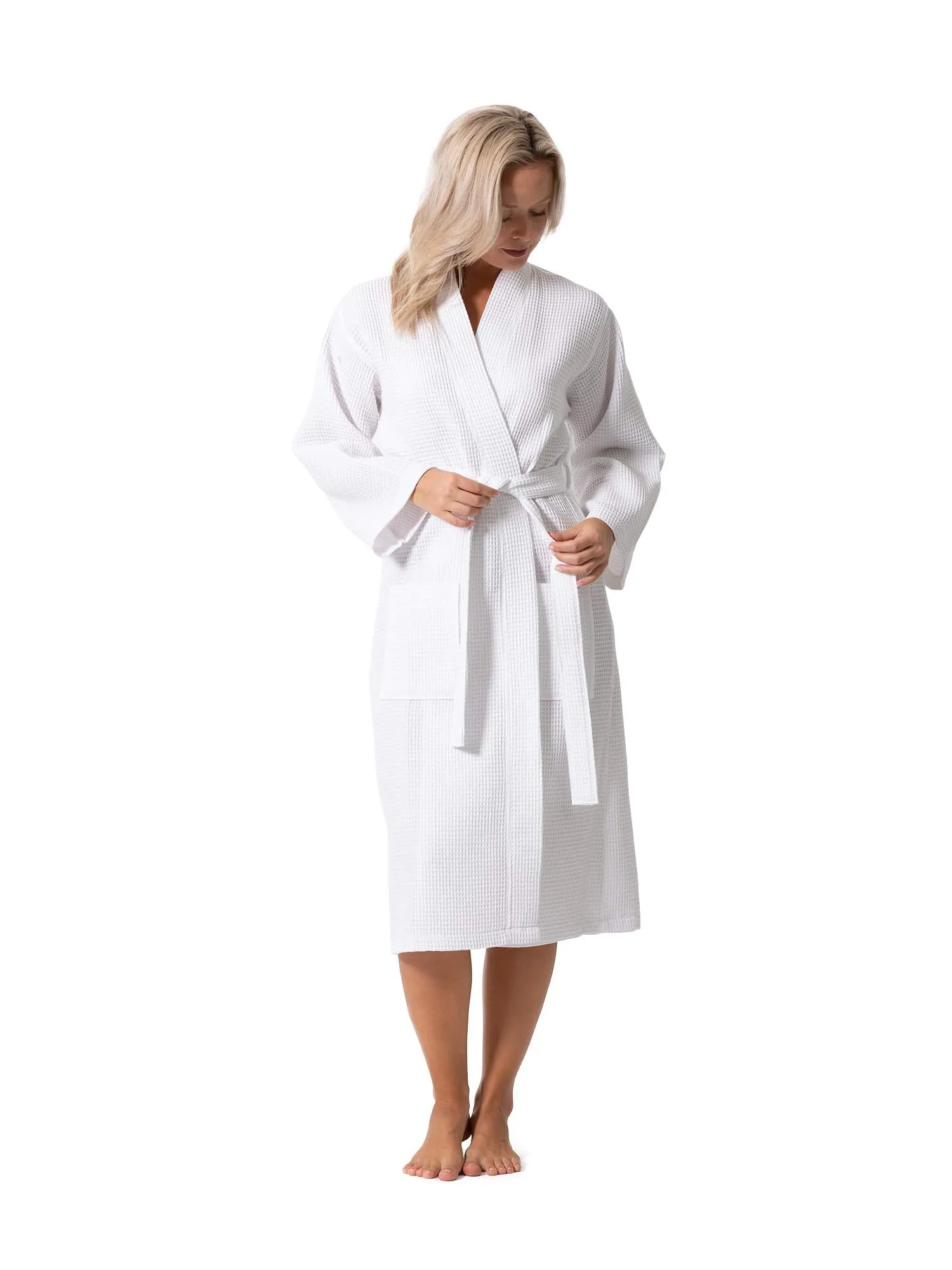 Turkish Linen Waffle Knit Lightweight Kimono Spa & Bath Robes for Women - Quick Dry - Soft (White, Large)