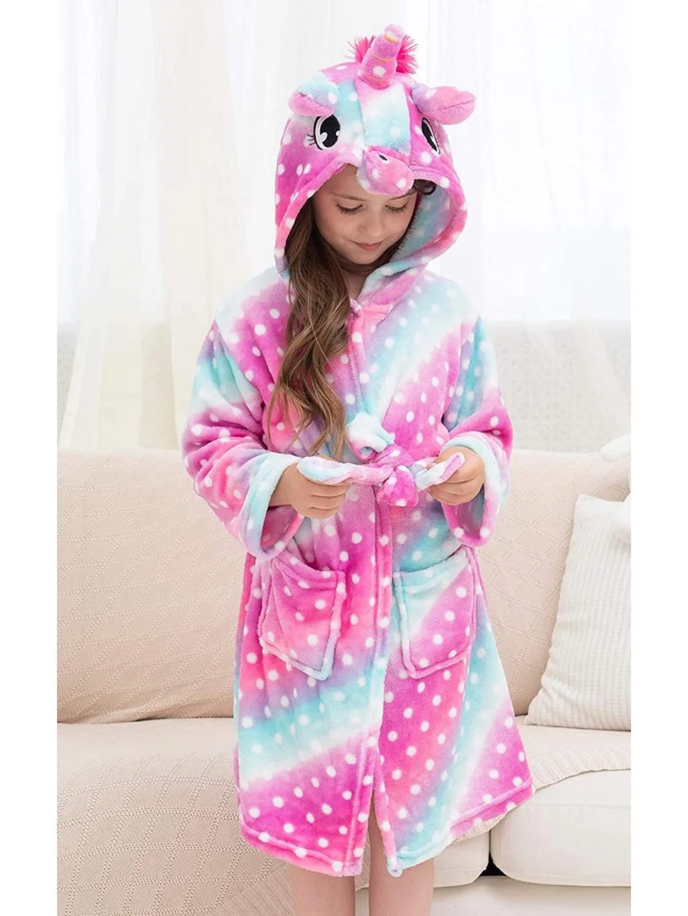 Unicorn Girls Robes Pajamas Hooded Soft Lounge Bathrobe For Girls With 3D-ear Belted, Dual Pocket - Doctor Unicorn