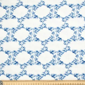 Victoria Blue Collection #04 Sketch Floral Circle Vines on White Cotton Prints