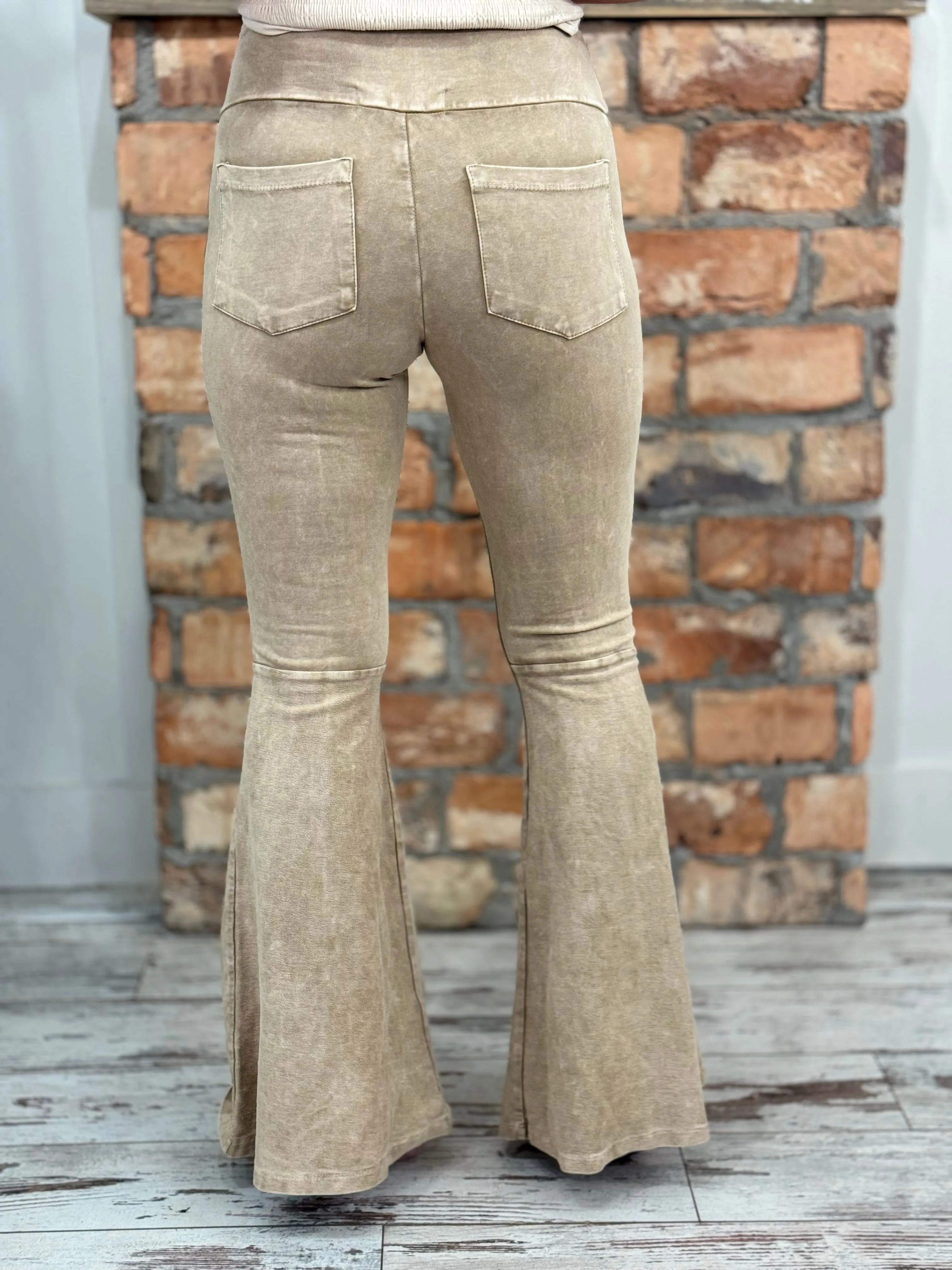 Washed Bell Bottom Flare Pants with Pockets in Beige