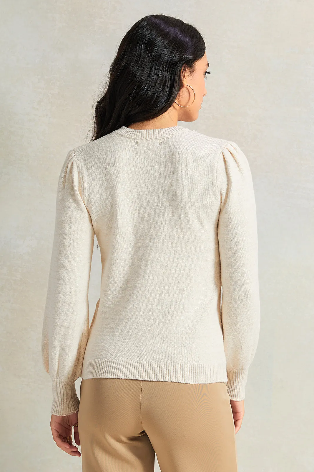 Women Beige Long Sleeve Pearl Beaded Pullover