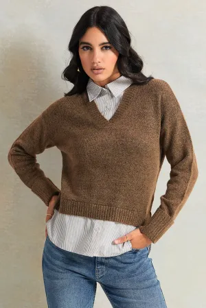 Women Brown With Beige Striped Twofer