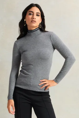 Women Grey Turtle Neck Pullover With Black Line