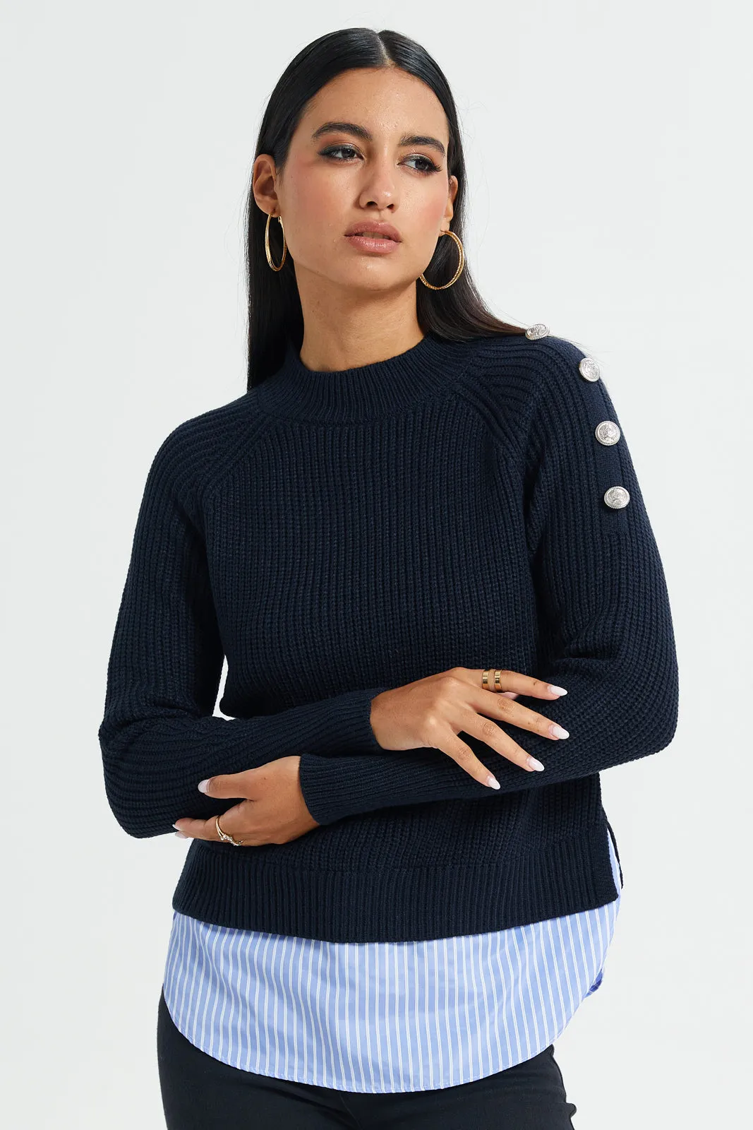 Women Navy Twofer Sweater With Button Details