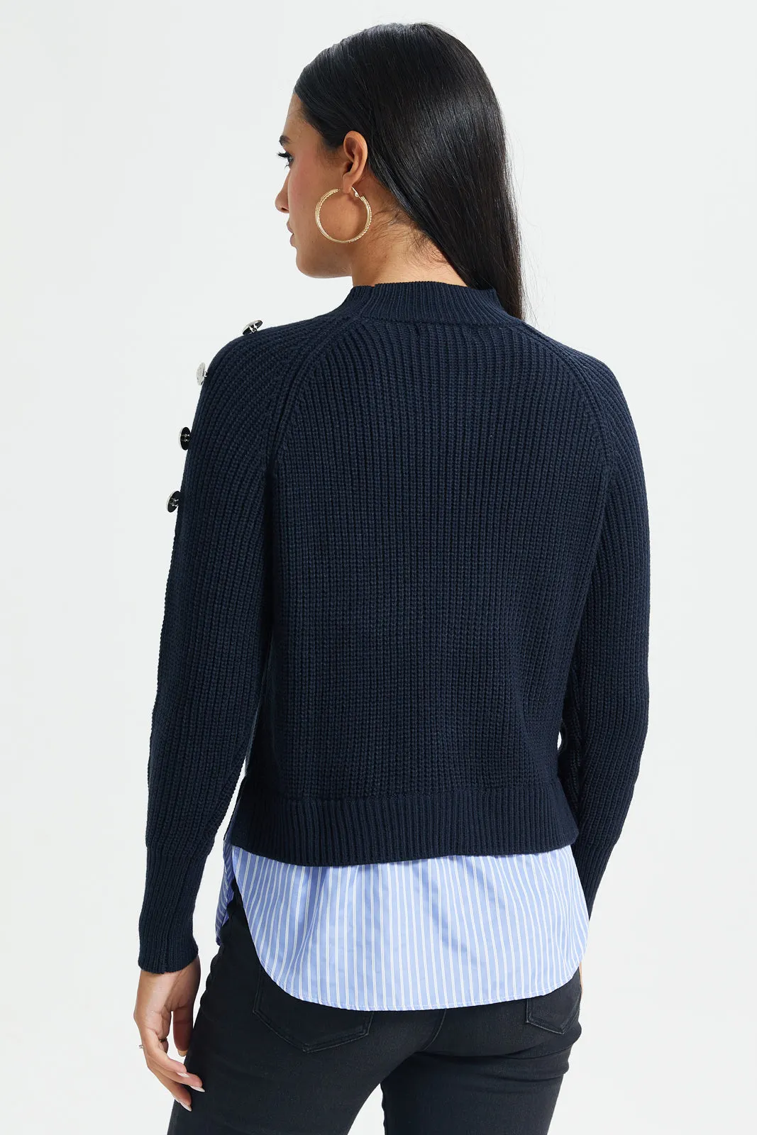 Women Navy Twofer Sweater With Button Details