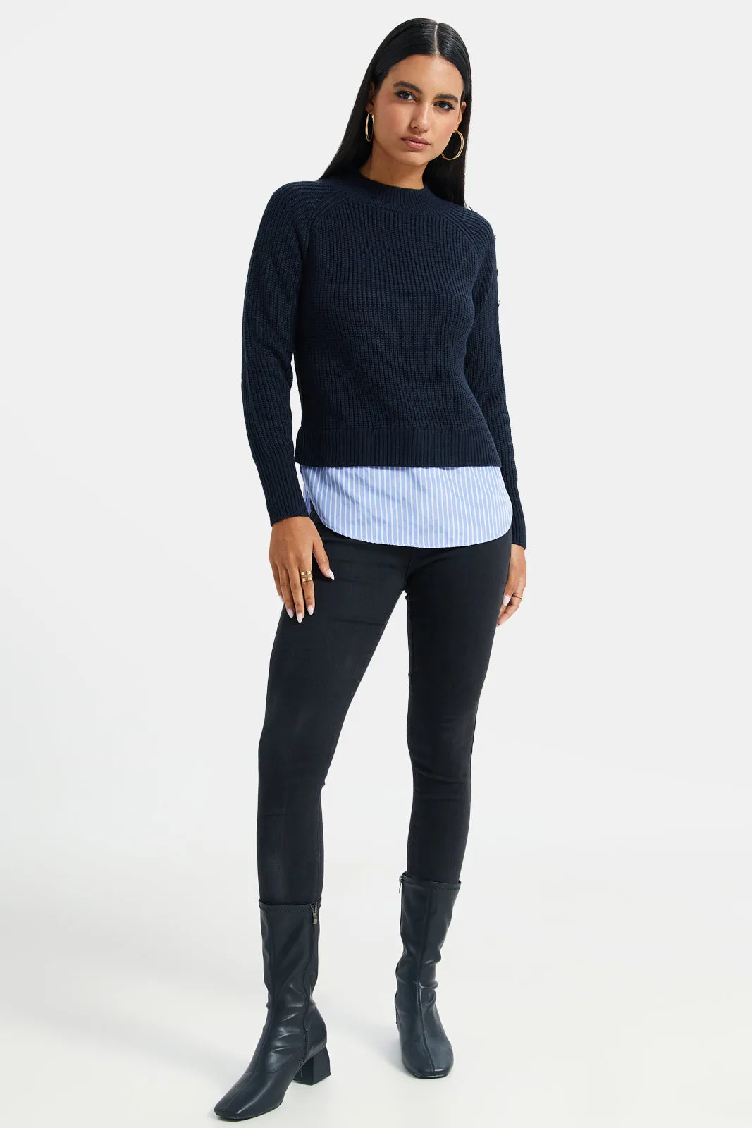 Women Navy Twofer Sweater With Button Details