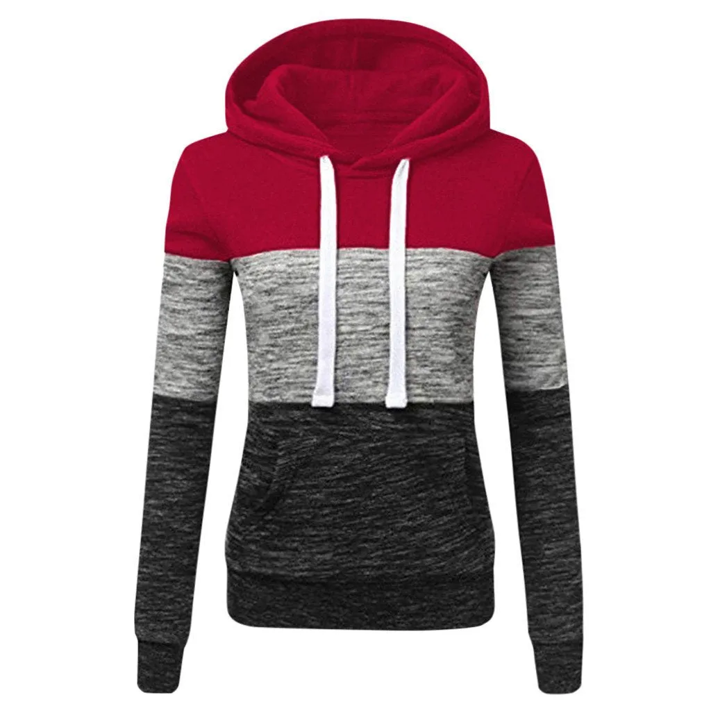 Women winter fall color block long sleeve hoodie sweatshirt