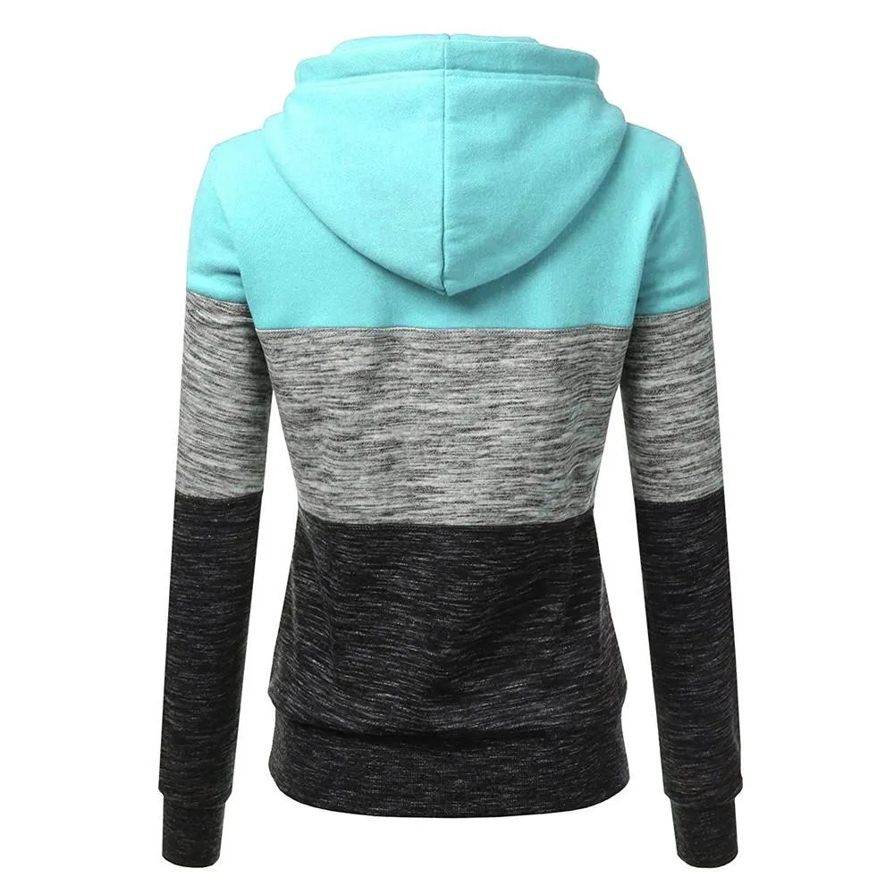 Women winter fall color block long sleeve hoodie sweatshirt