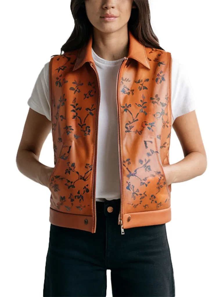 Women's Floral Embossed Stylish Design Orange Leather Vest