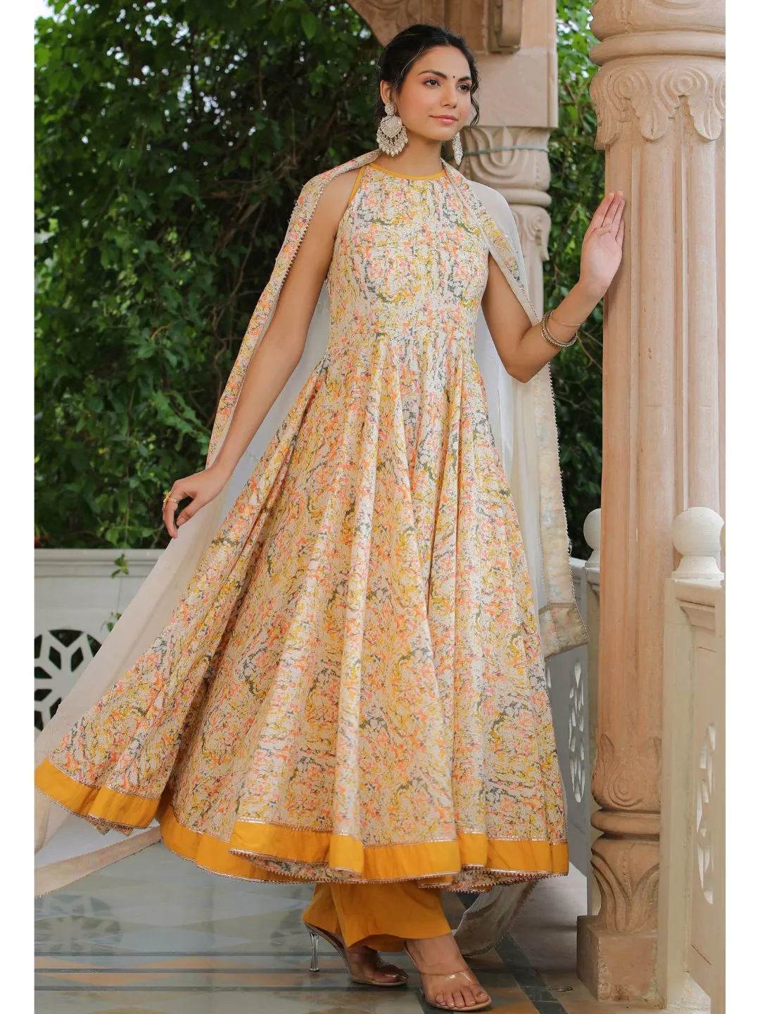 Yellow & White Cotton Halter Neck Anarkali Set