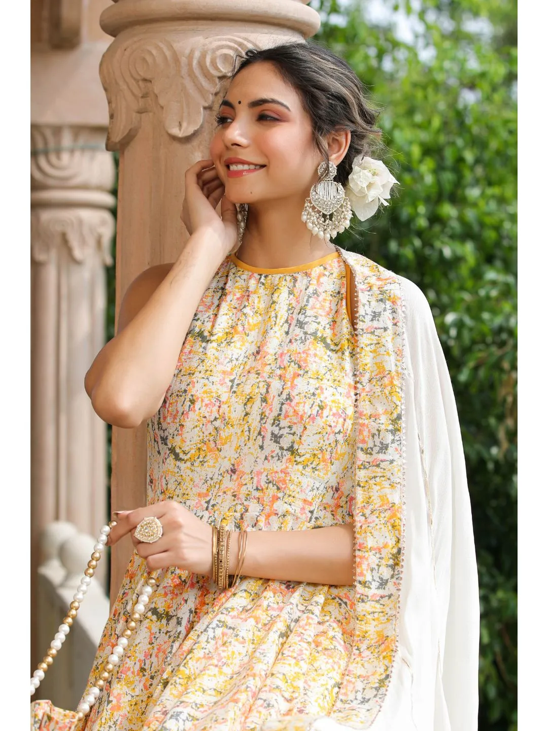 Yellow & White Cotton Halter Neck Anarkali Set