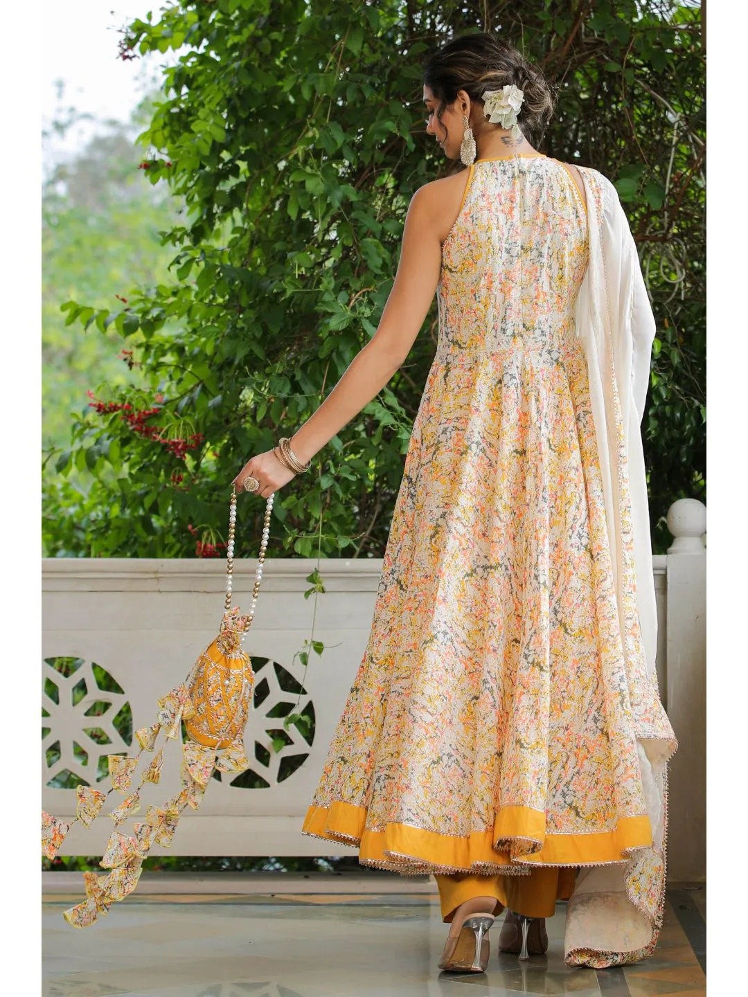 Yellow & White Cotton Halter Neck Anarkali Set