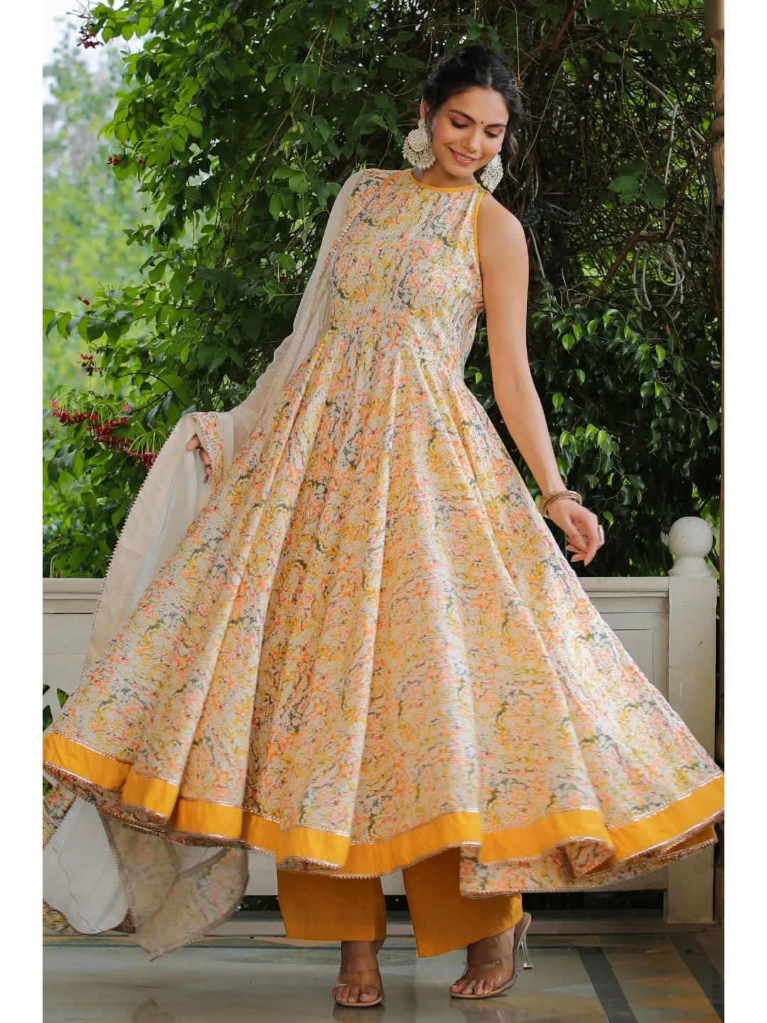 Yellow & White Cotton Halter Neck Anarkali Set