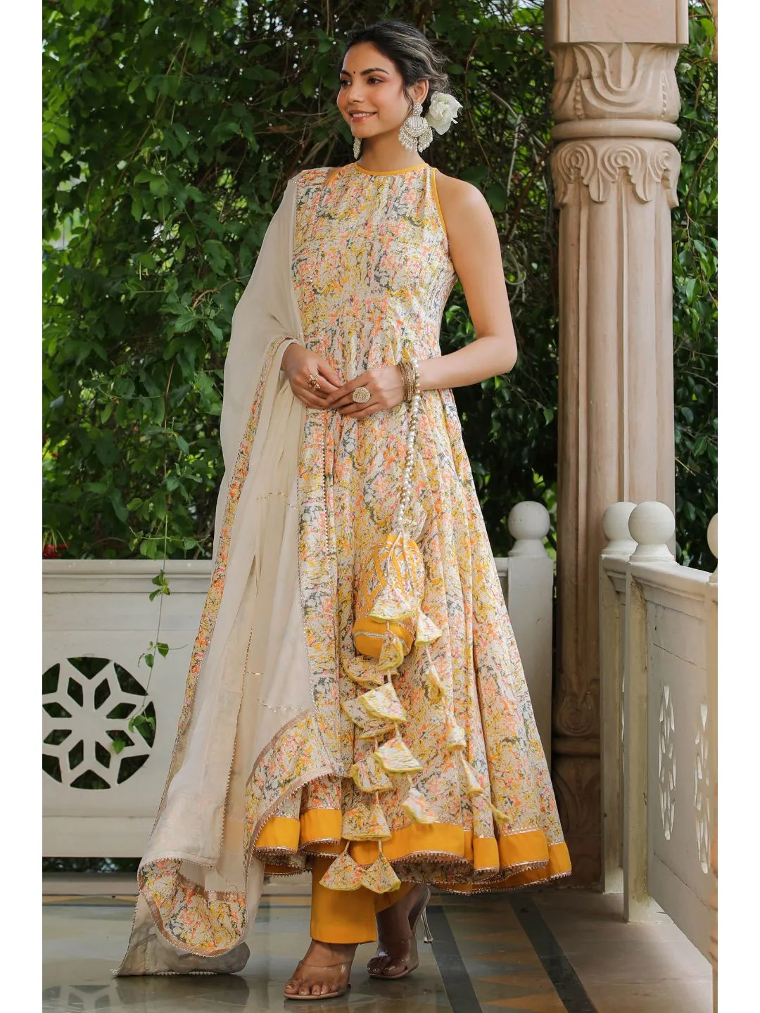 Yellow & White Cotton Halter Neck Anarkali Set