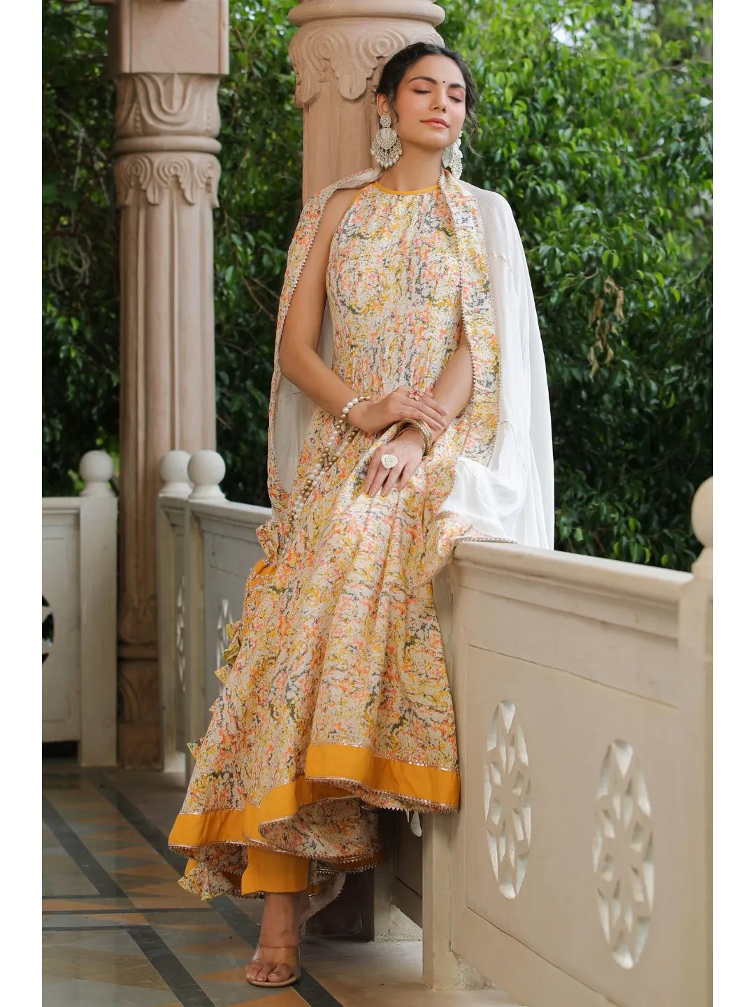 Yellow & White Cotton Halter Neck Anarkali Set