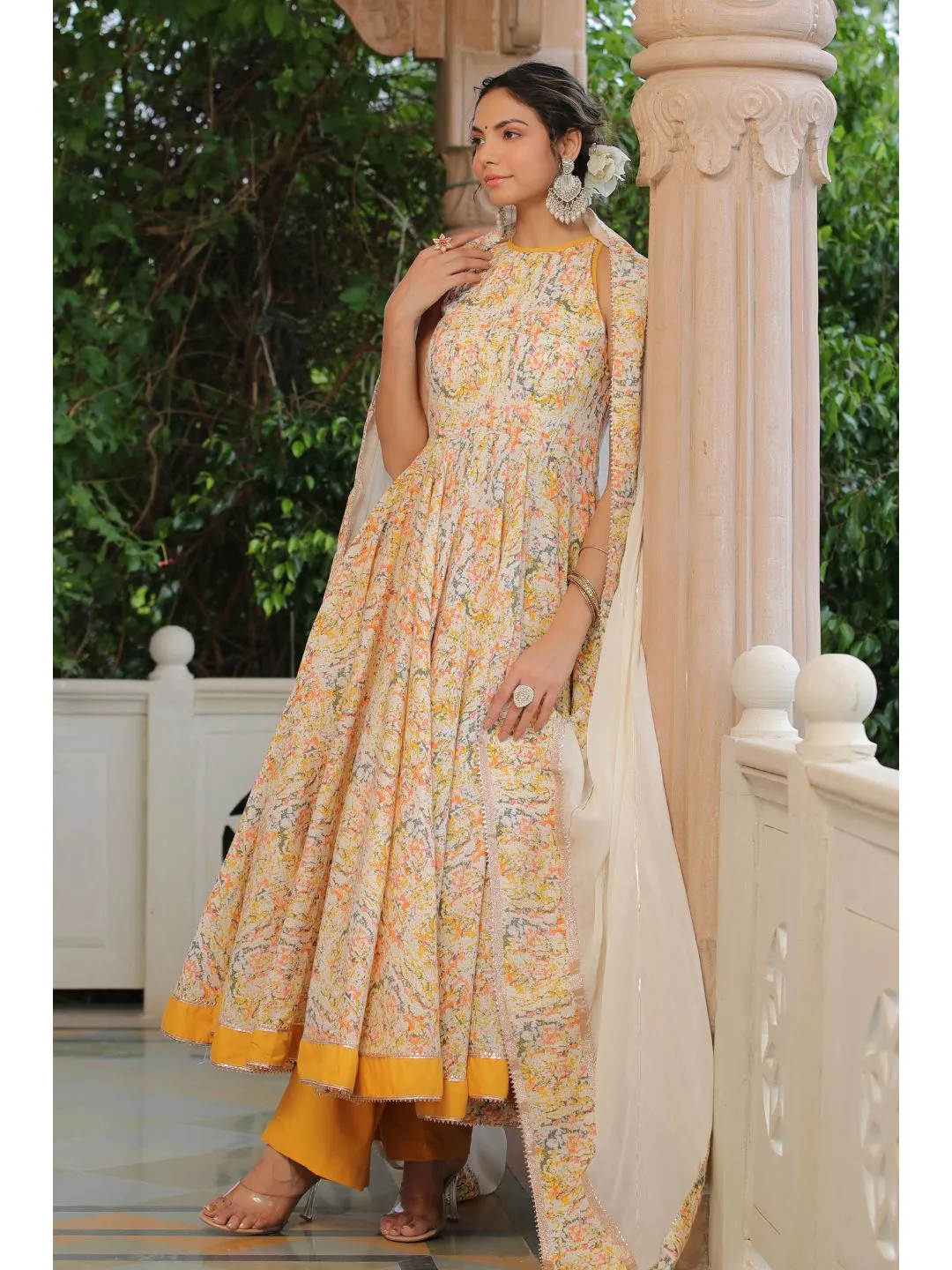 Yellow & White Cotton Halter Neck Anarkali Set