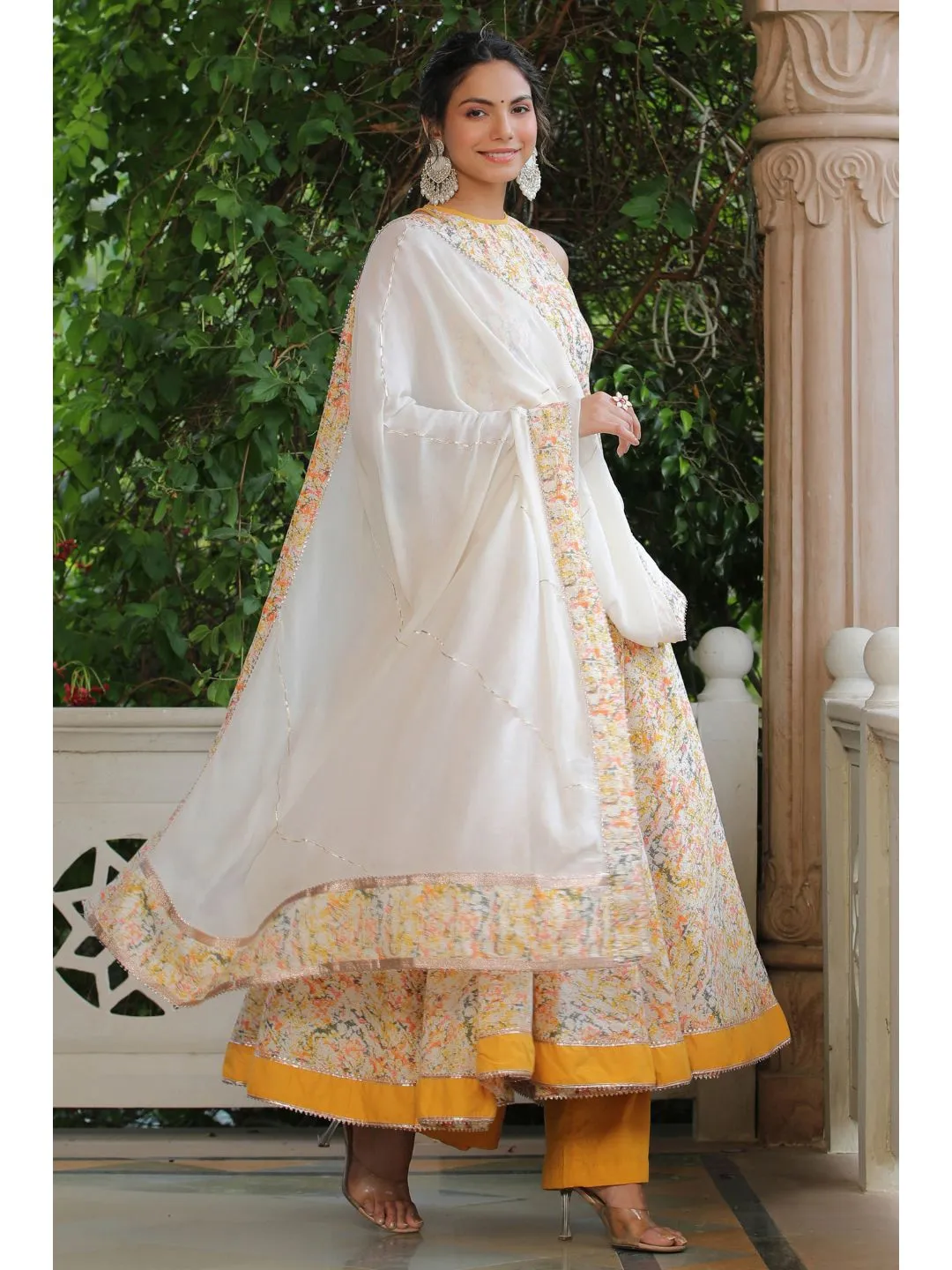 Yellow & White Cotton Halter Neck Anarkali Set