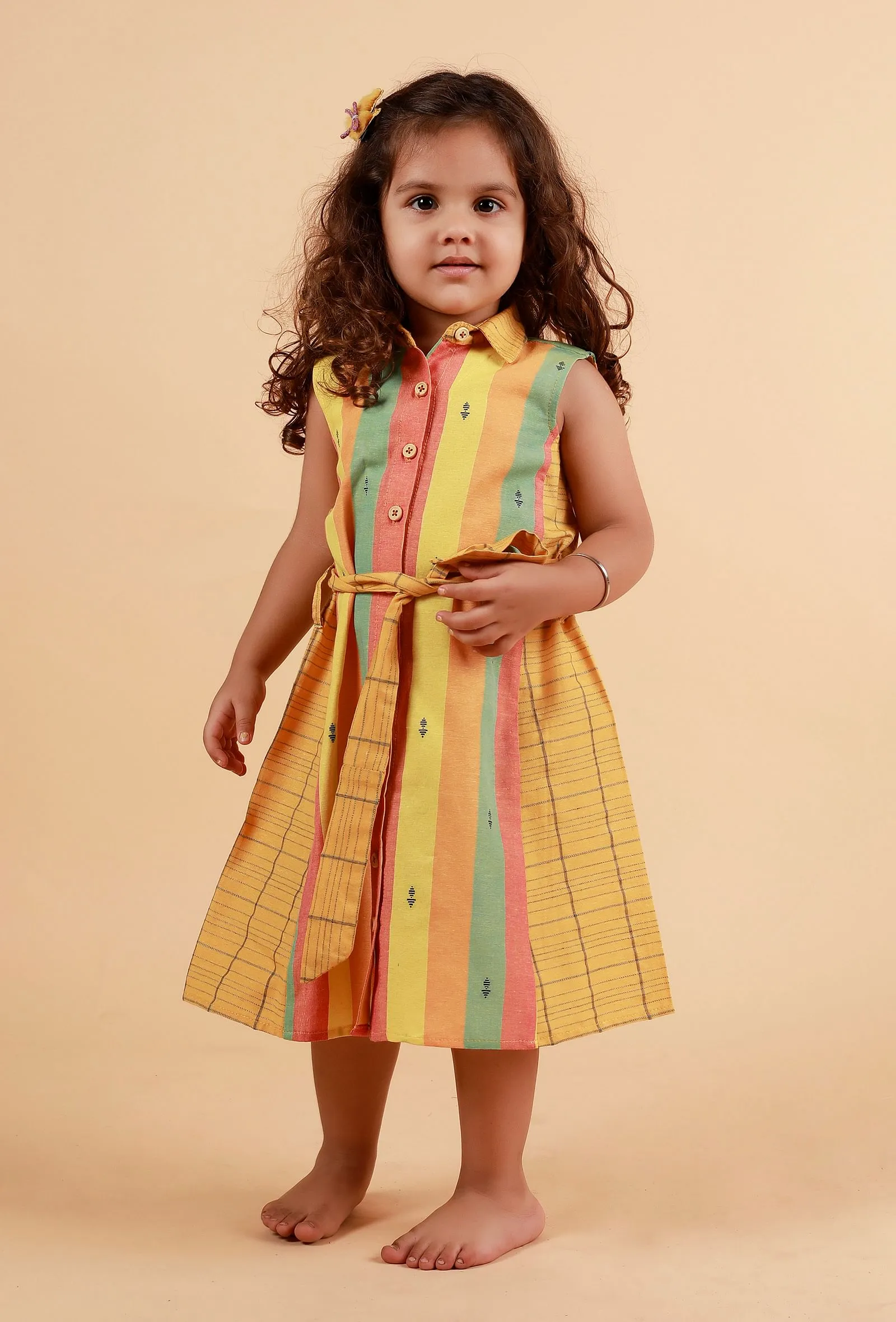 Yellow Stripe Dress With Checked Belt